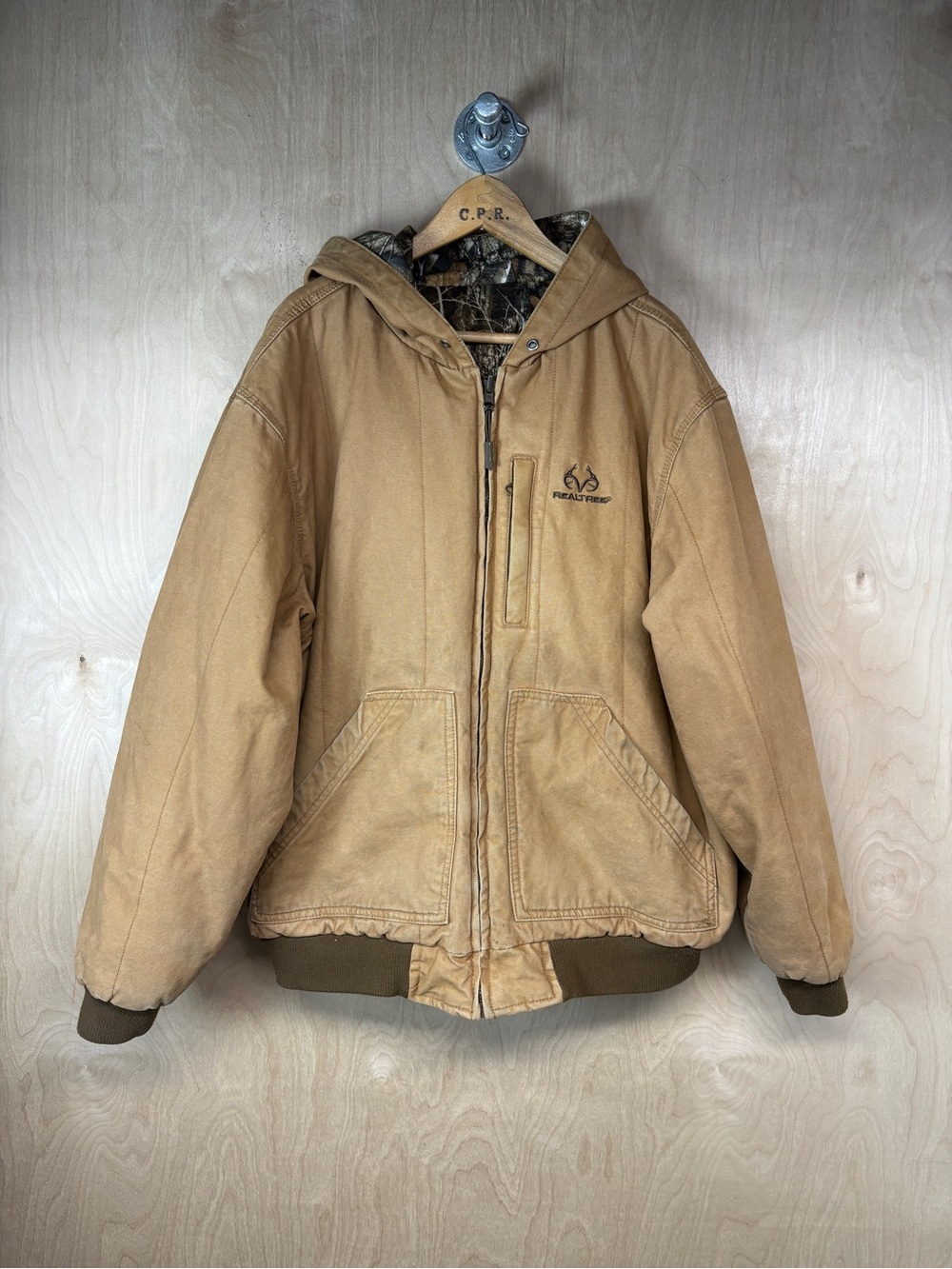 Realtree Tan Hooded Canvas Jacket with Reversible Camo Lining